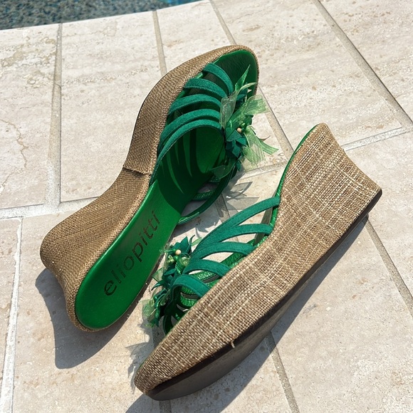 Green Slides Wedges Flower Ribbon Details Size 8 Platform Open Toe Elio Pitti - Picture 12 of 16